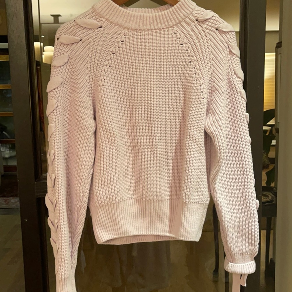 Lilac knit crewnecks sweater with lace up sleeve detail
